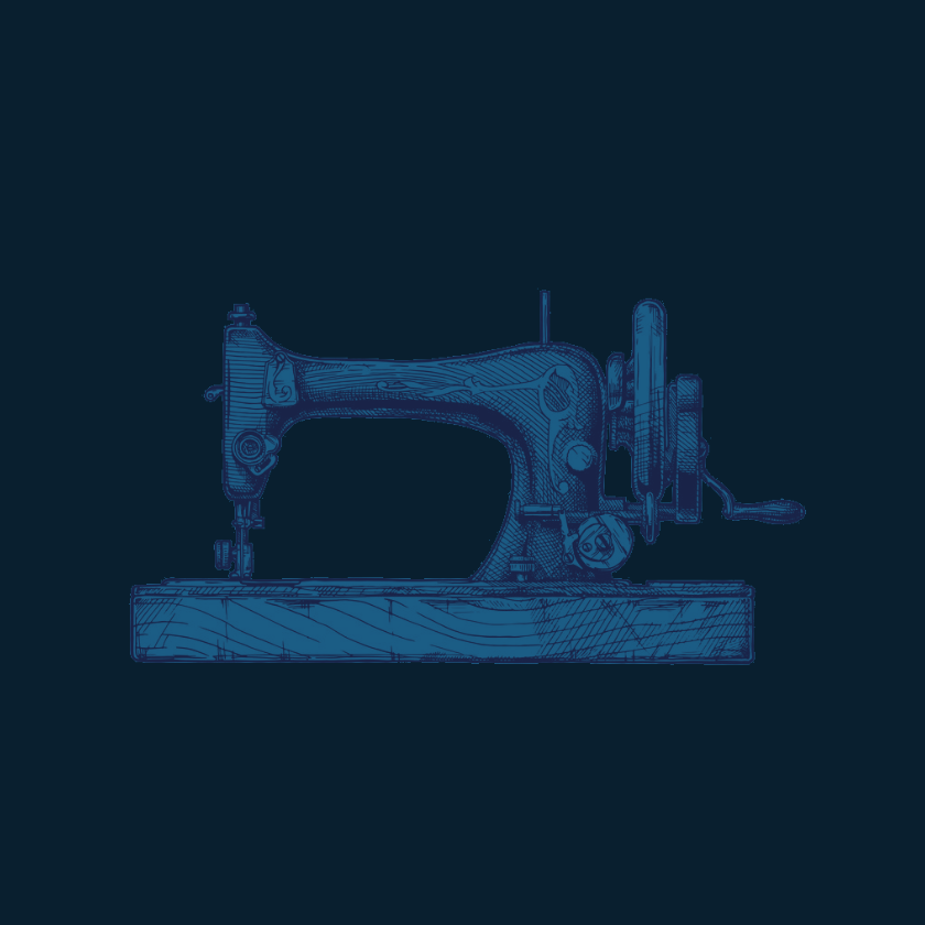 Ink line drawing of an antique sewing machine on dark blue background