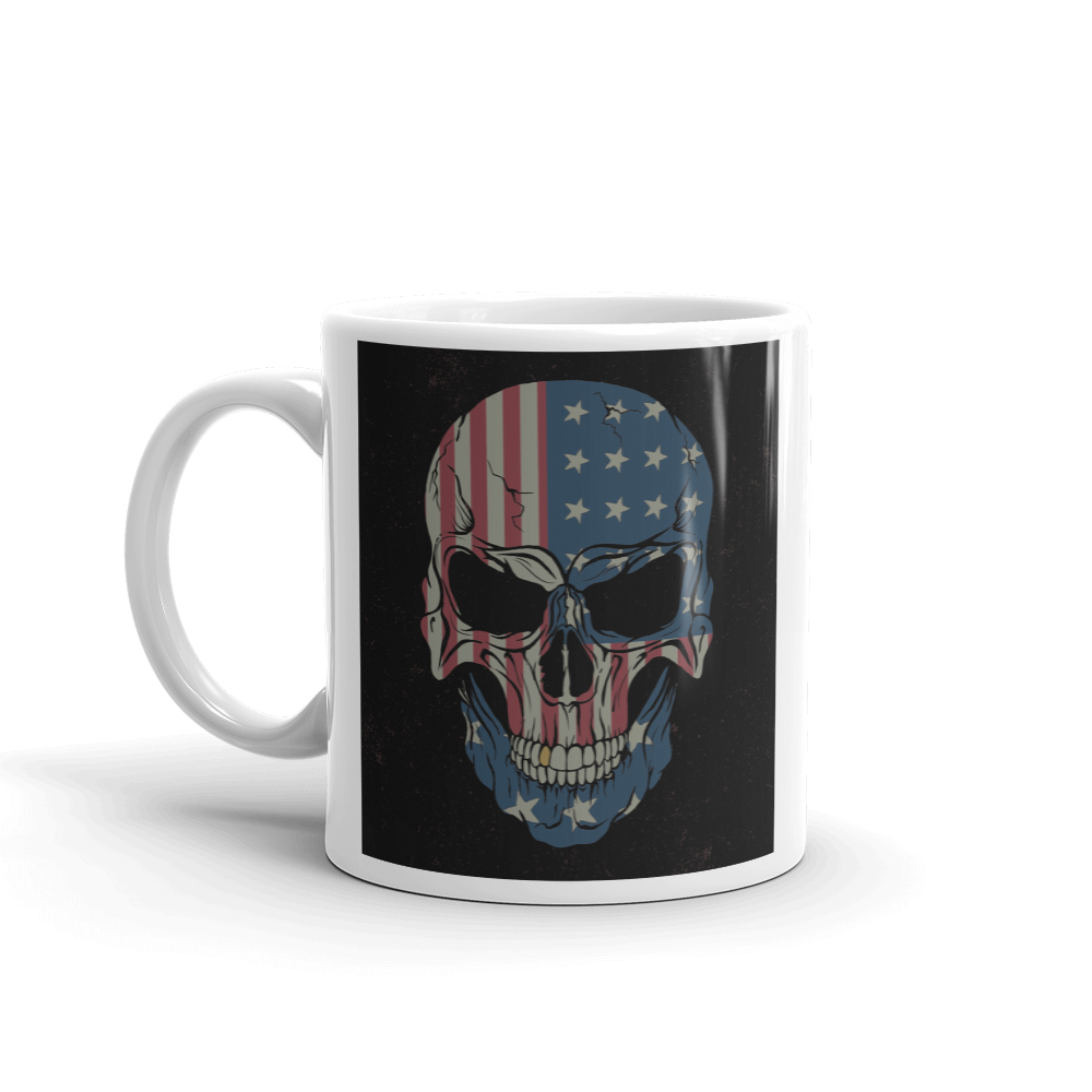 American flag printed on angry skull coffee mug handle on the left