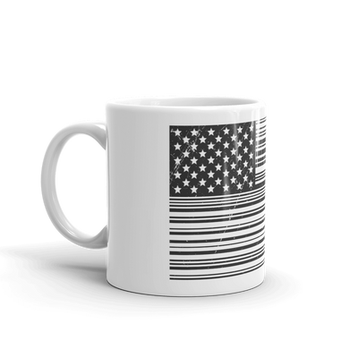 US flag in black and white bar code print on coffee and tea mug