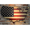 American flag printed on wood US map hanging on brick wall lighted