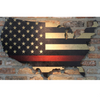 Thin Red Line print American flag on US wooden map on brick wall