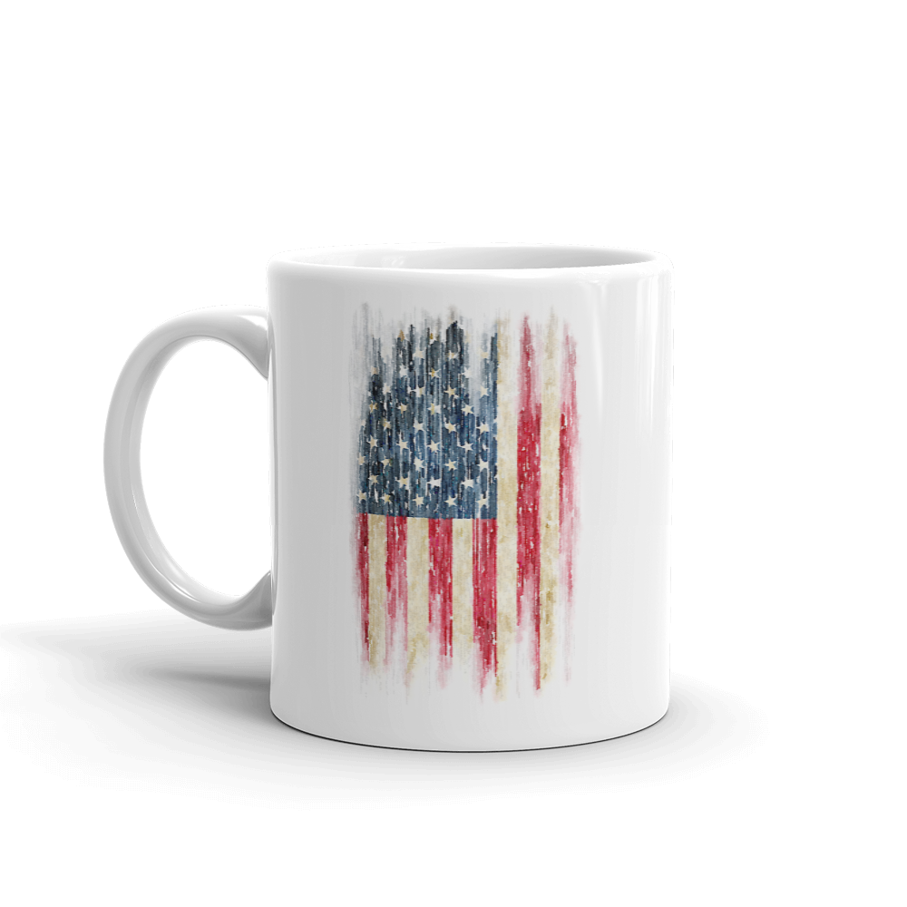 grunge print of American flag on white coffee mug