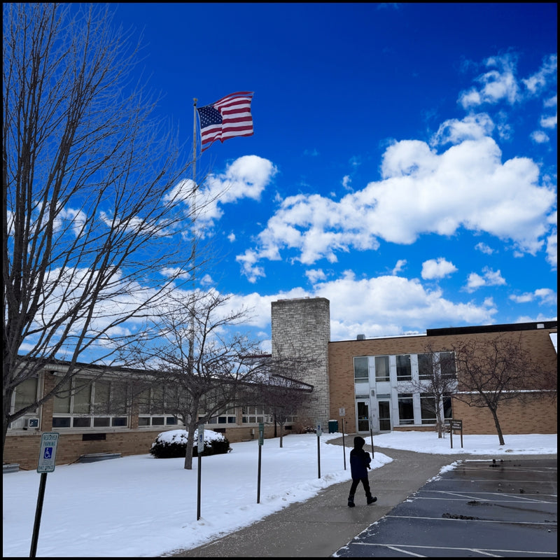 American flag on a tall flagpole outside a brick building in winter