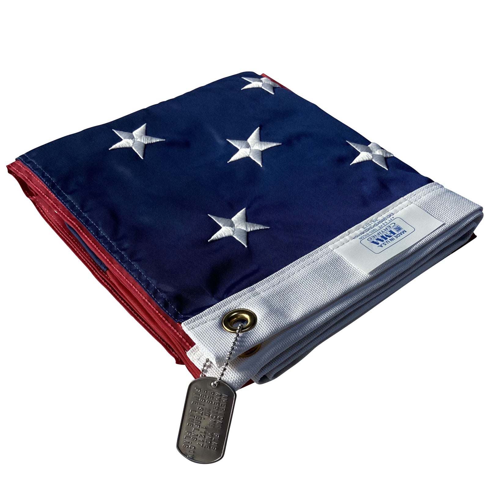 Fine Line Flag American flag with embroidered stars, sewn stripes, and dog tag accessory