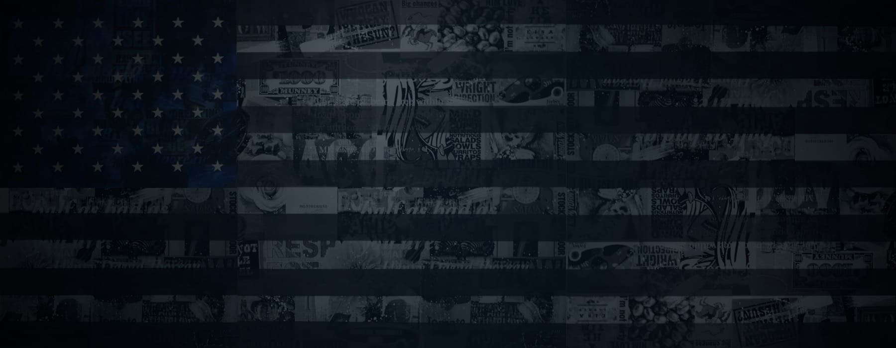 American Flag Image in dark black and blue tones and rich graphic icons embedded in the art