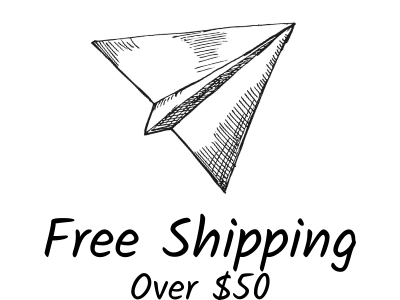 Ink line drawing of a paper airplane overlaying text that says free shipping over $35