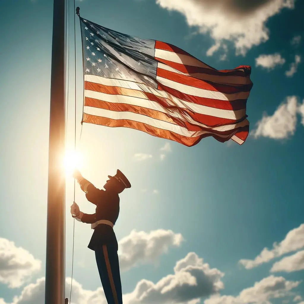 Marine Hoisting American Flag | Fine Line Flag | U.S. Service Member Flag Ceremony | Patriotic Military Flag Display | Honoring the Stars and Stripes | Marine Corps Flag Etiquette | Military Flag Raising Tradition | Saluting the Flag with Pride | American Flag and the Armed Forces | Flag Respect and Protocol | Hoisting Old Glory in Uniform | Marine Corps Symbol of Honor | Military Flag Raising Moment