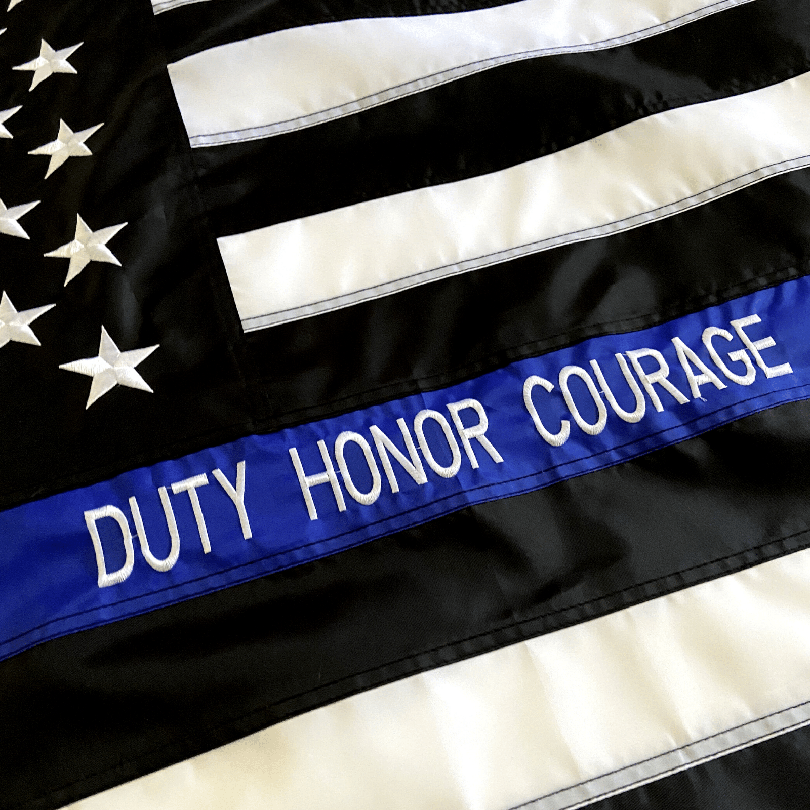 thin blue Line Flag with custom embroidered text Duty Honor Courage