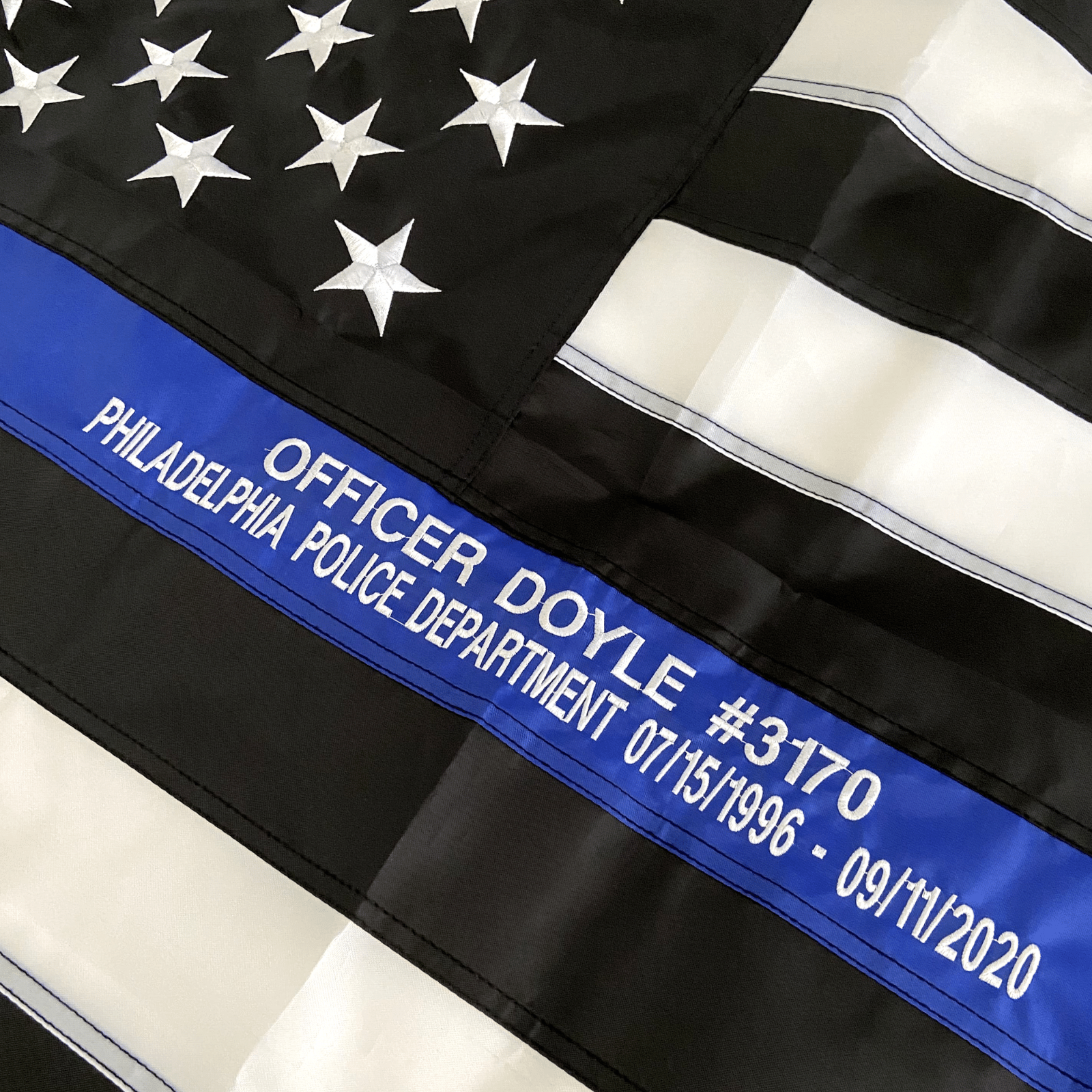 Thin Blue Line Police Flag with custom embroidery Ifficer Doyle