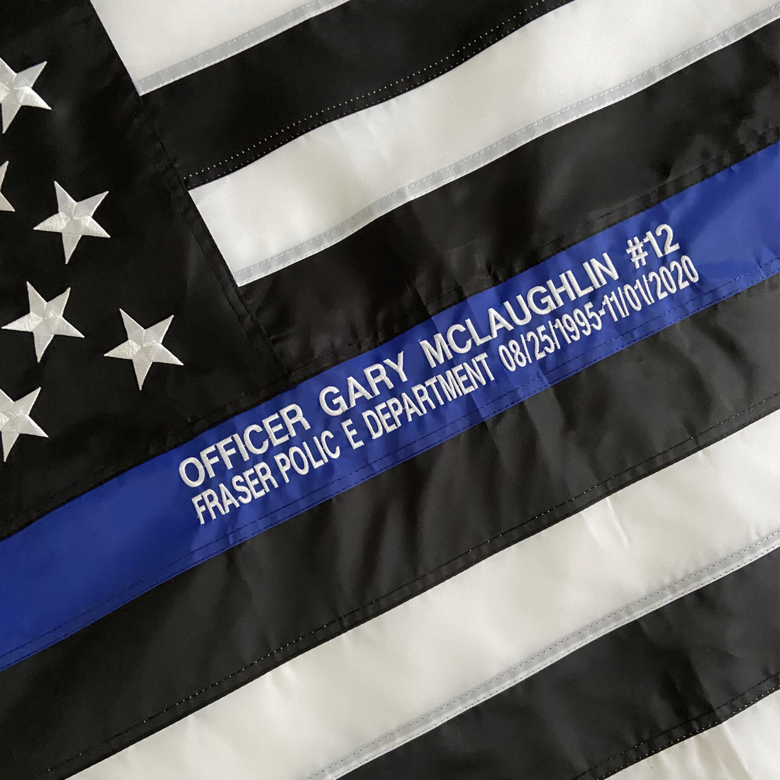 Thin Blue Line Flag with custom embroidery officer name