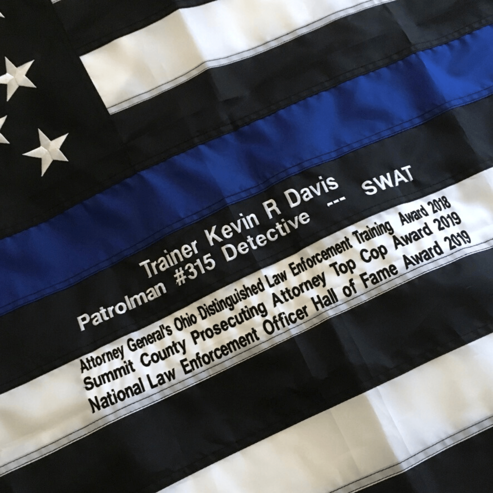 Custom Embroidery on Thin Blue Line Police Flag Officer Name and BadgeCustom Embroidery on Thin Blue Line Police Flag Officer Name and Badge