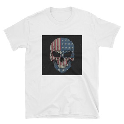 white t-shirt with American flag on skull print