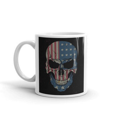 American flag printed on angry skull coffee mug handle on the left