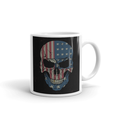 tea mug handle on right red white and blue stars and stripes on skull print