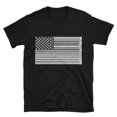 black tshirt with black and white bar code American flag design