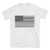 white t shirt with bar code American flag in black and white