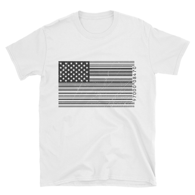 white t shirt with bar code American flag in black and white
