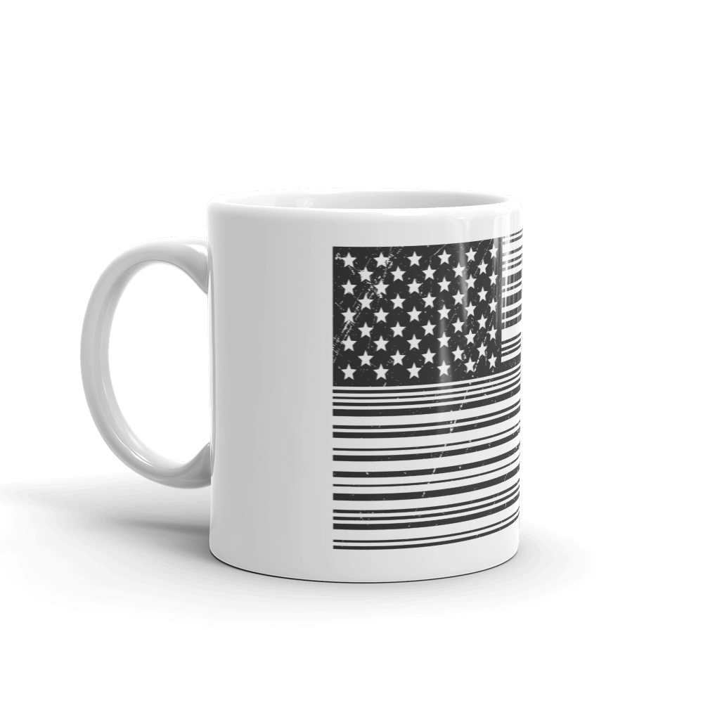 US flag in black and white bar code print on coffee and tea mug