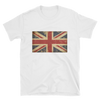white t shirt with blue and red vintage british flag