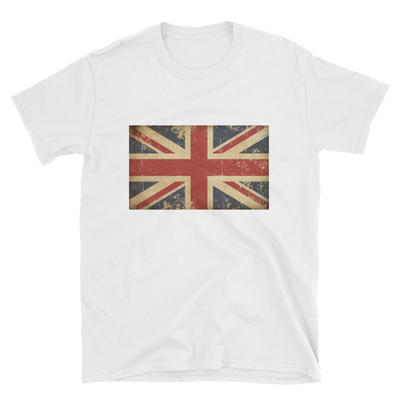 white t shirt with blue and red vintage british flag