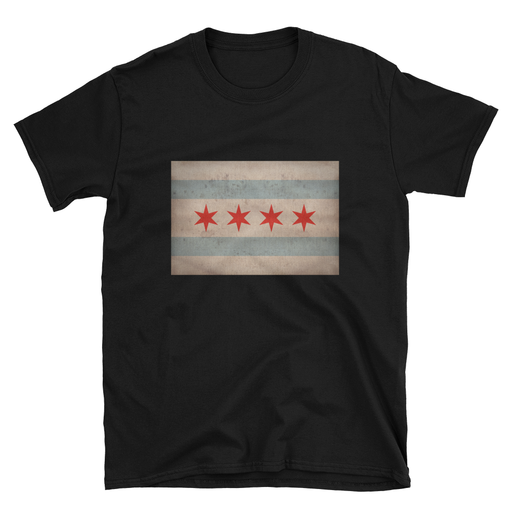 black t-shirt with vintage Chicago Illinois flag print