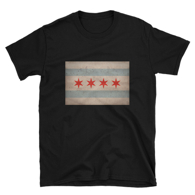 black t-shirt with vintage Chicago Illinois flag print