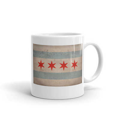 vintage Chicago flag on tea mug handle on right
