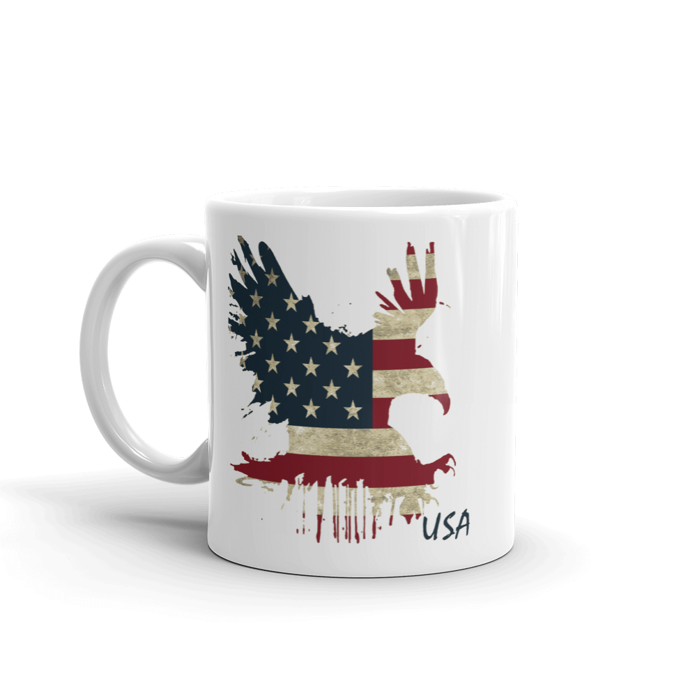 American flag printed on eagle landing on white coffee mug