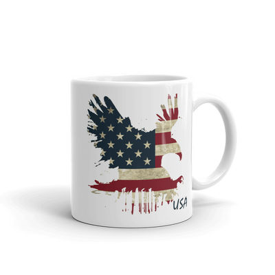 red white and blue stars and stripes on eagle landing image on tea mug