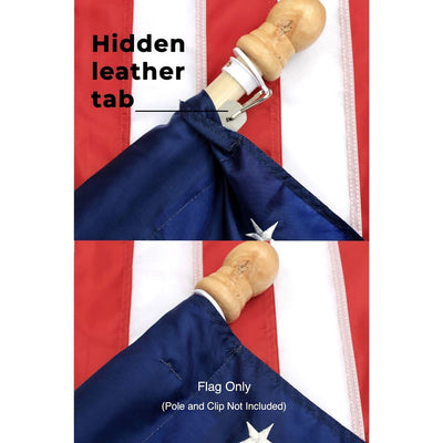 Pole sleeve flag with hidden leather tab
