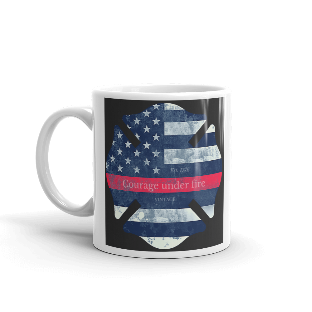 Maltese cross firefighter symbol printed on white coffee mug black white and red