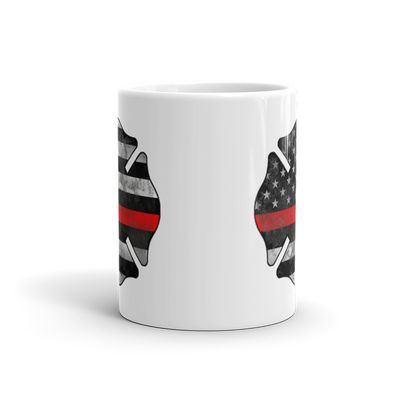 Front view of White coffee mug showing two Thin Red Line logos