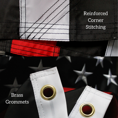 Thin red line flag reinforced stitching brass grommets and embroidered star close up