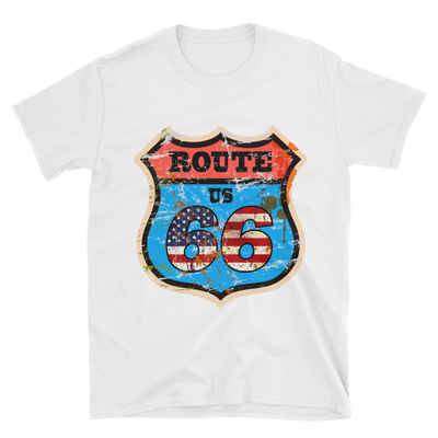 white t-shirt with Route 66 badge in many colors