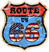 Colorful Route 66 graphic on badge shape with American flag print