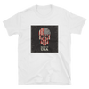 white t-shirt with American flag print on skull face