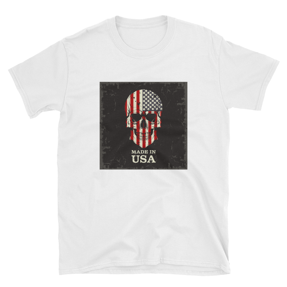 white t-shirt with American flag print on skull face