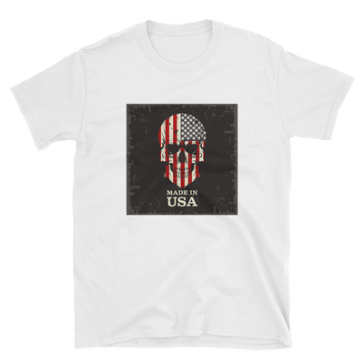 white t-shirt with American flag print on skull face