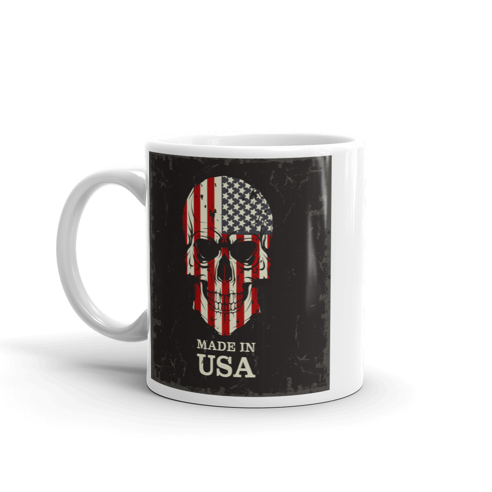 American flag print on skull coffee mug