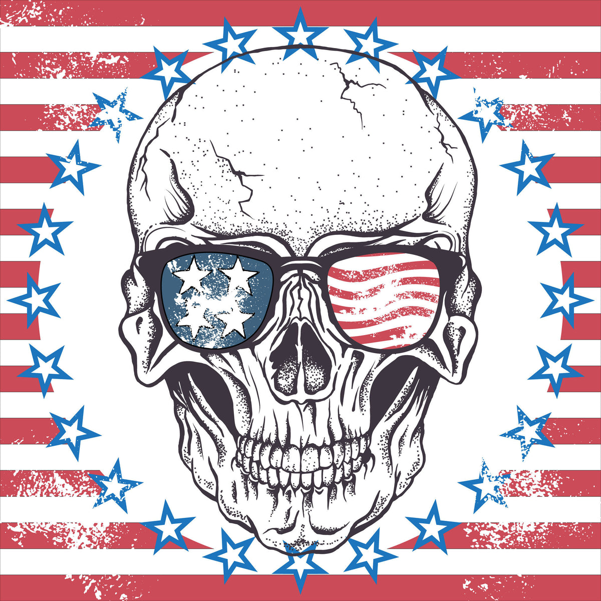 red stripes and blue stars surrounding a skull wearing American flag sunglasses 