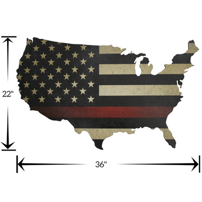Thin Red Line Firefighter flag wood map with sizes of 36x22 inches