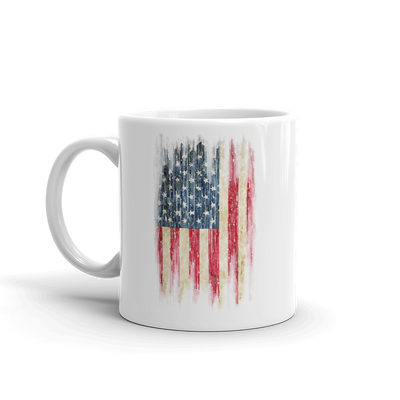 grunge print of American flag on white coffee mug