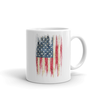 grunge rough vintage print of US flag on white coffee mug