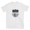 white t-shirt with American flag print on cop badge shape