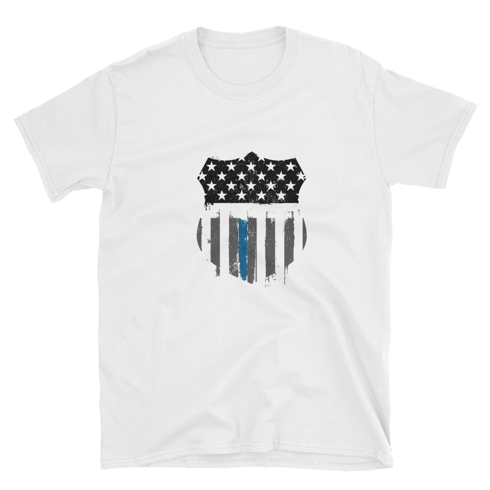 white t-shirt with American flag print on cop badge shape