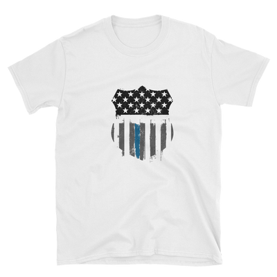 white t-shirt with American flag print on cop badge shape