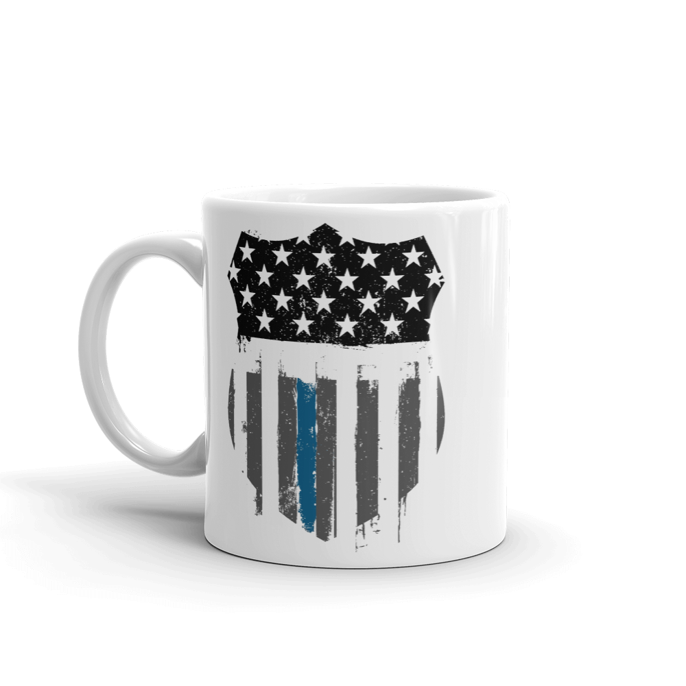 white coffee mug printed with black white and blue thin blue line badge design