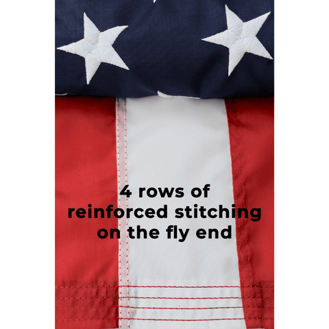 Four rows of stitching across the fly end of a 3x5 ft American flag